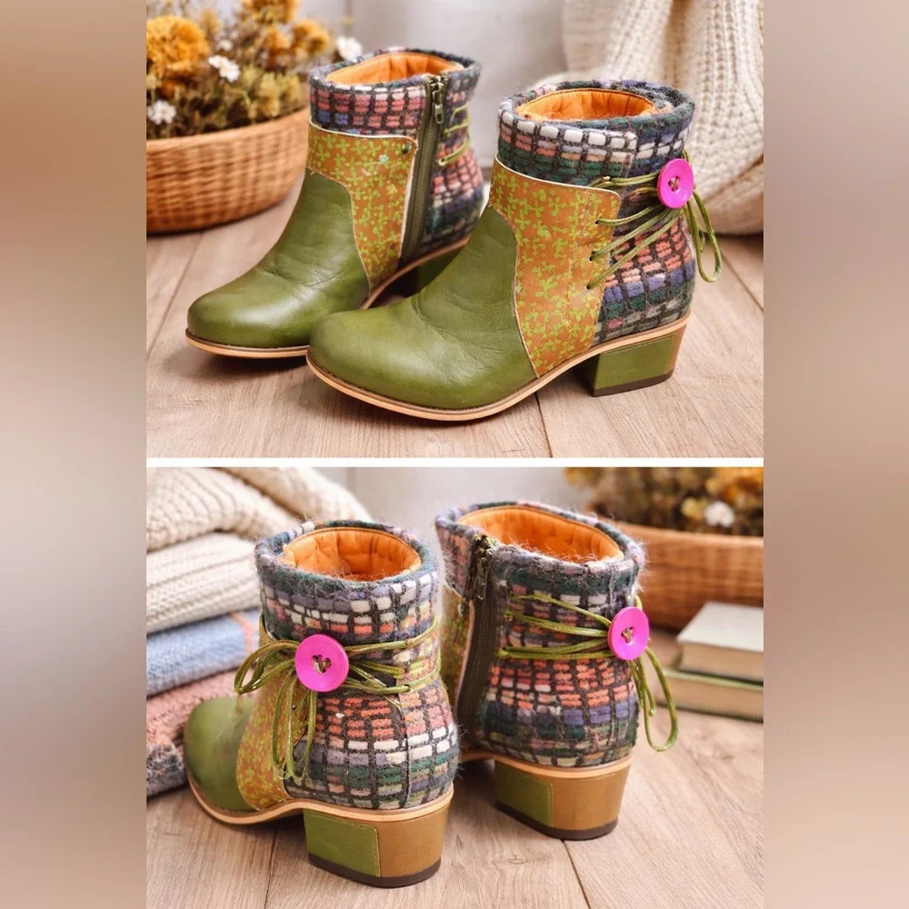 Whimsical Patchwork Boots Leather Wool Colorful Cottagecore Art Boots 8-8.5